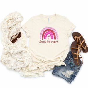 Sweet But Psycho Rainbow Print Graphic Tee Cream